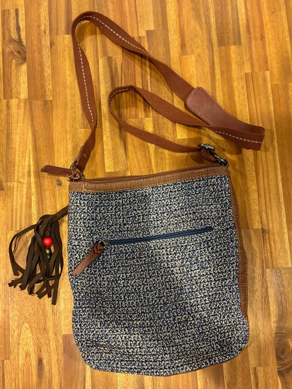 The Sak Lucia Crossbody Purse Boho Crocheted Bag in Blue and Brown Leather